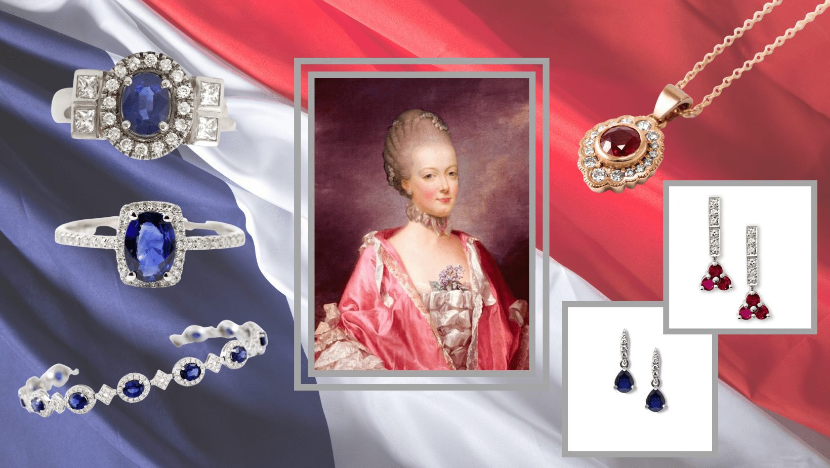 Our personal selection for Queen Marie Antoinette of France. These pieces were designed and crafted by Penchant Fine Jewellery. Ruby, sapphire and diamonds were used.