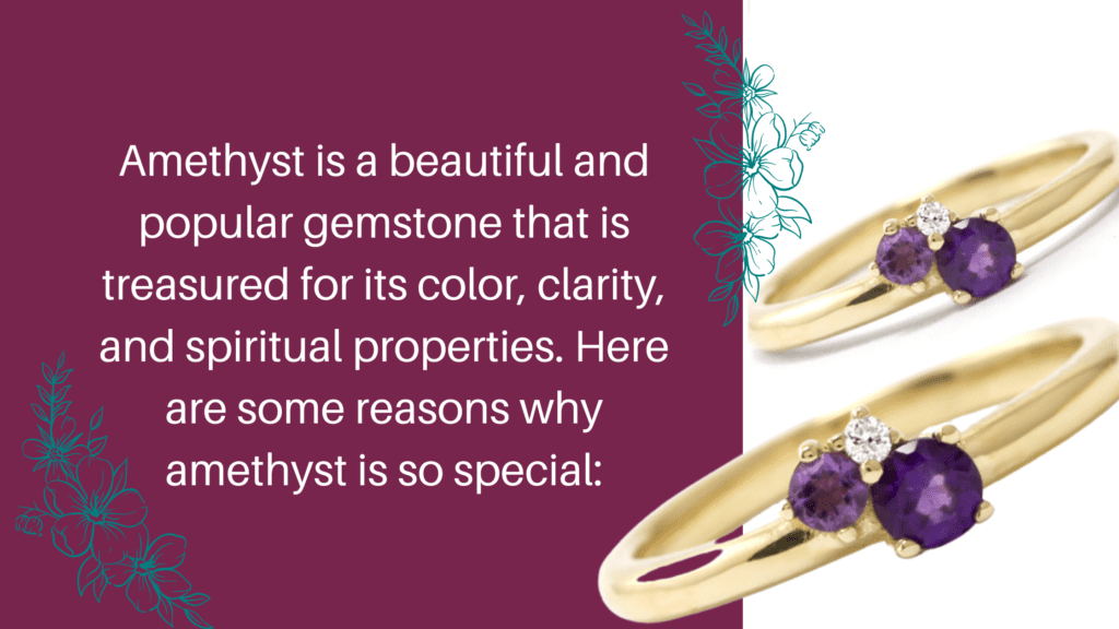 A beautiful ring with a small round Amethyst, a small round Diamond and bigger round Amethyst set together on a round yellow gold ring.